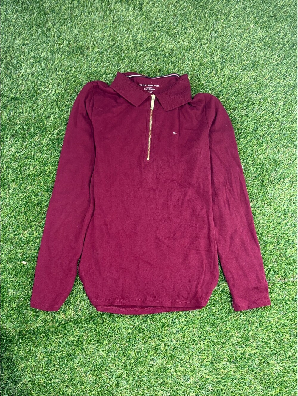 Tommy Hilfiger Slim Fit Burgundy Cotton Long Sleeve Polo Shirt Womens S